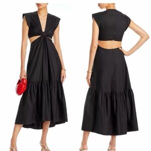 Jason Wu Waist Cutout Cuffed Cap Sleeve V-Neck Satin Dress True Black sz Small